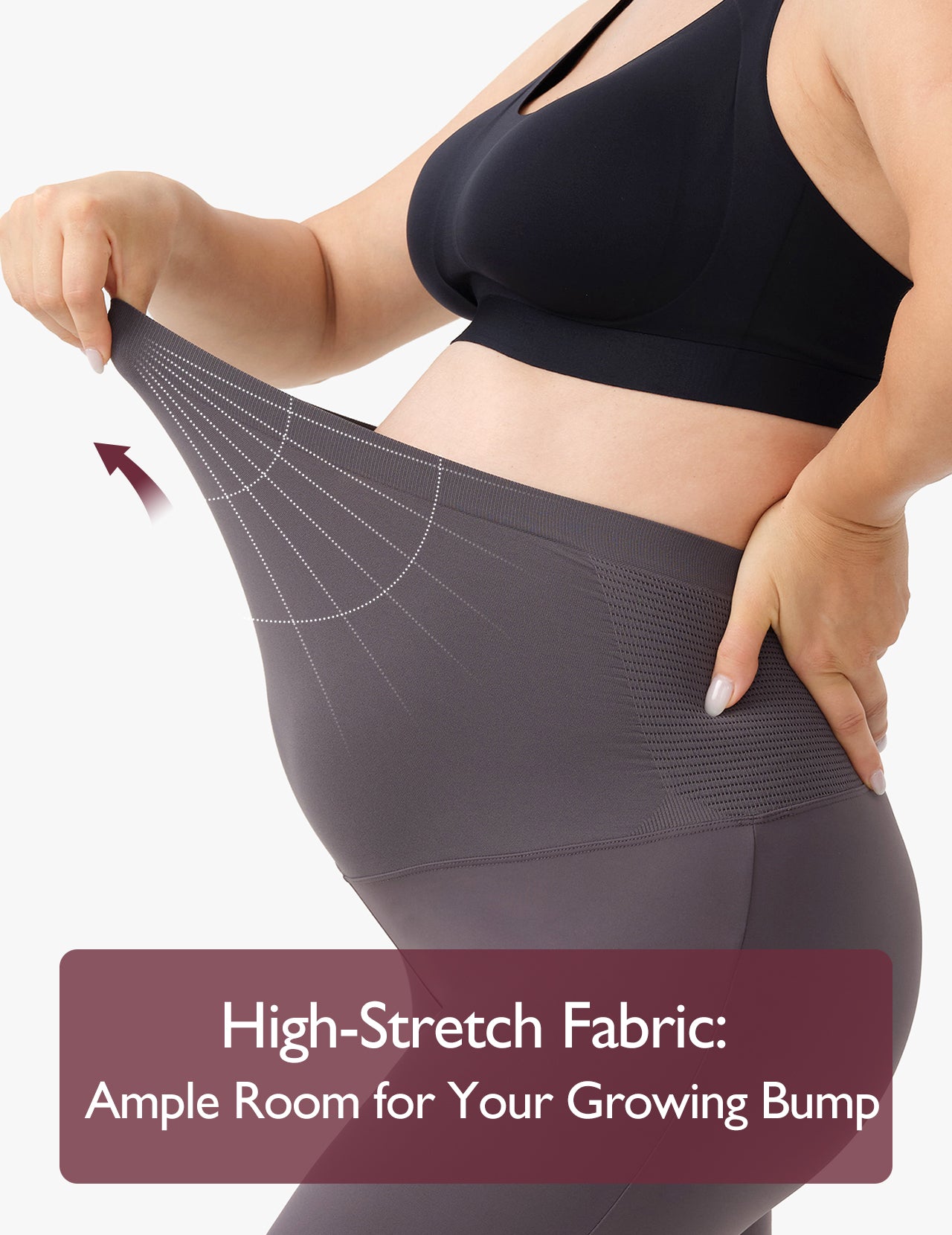 High-stretch maternity leggings with ample room for a growing baby bump.