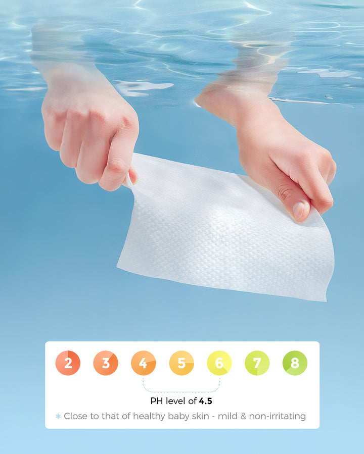 Two hands holding a Momcozy 99% water wipe underwater, demonstrating product purity with a marked pH level of 4.5, which is close to healthy baby skin - mild and non-irritating.