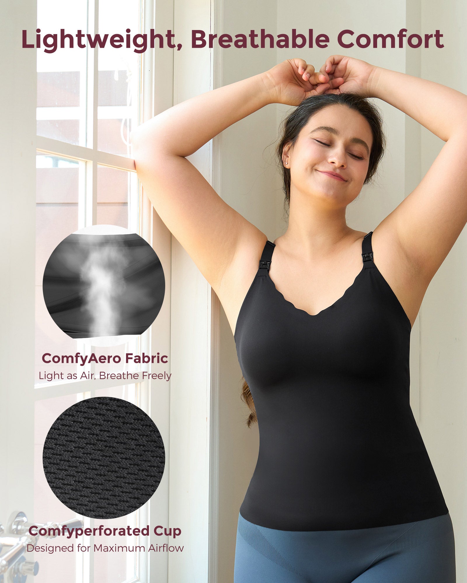 Model in black Maternity Nursing & Pumping Tank Top with adjustable straps, showcasing breathable comfort.