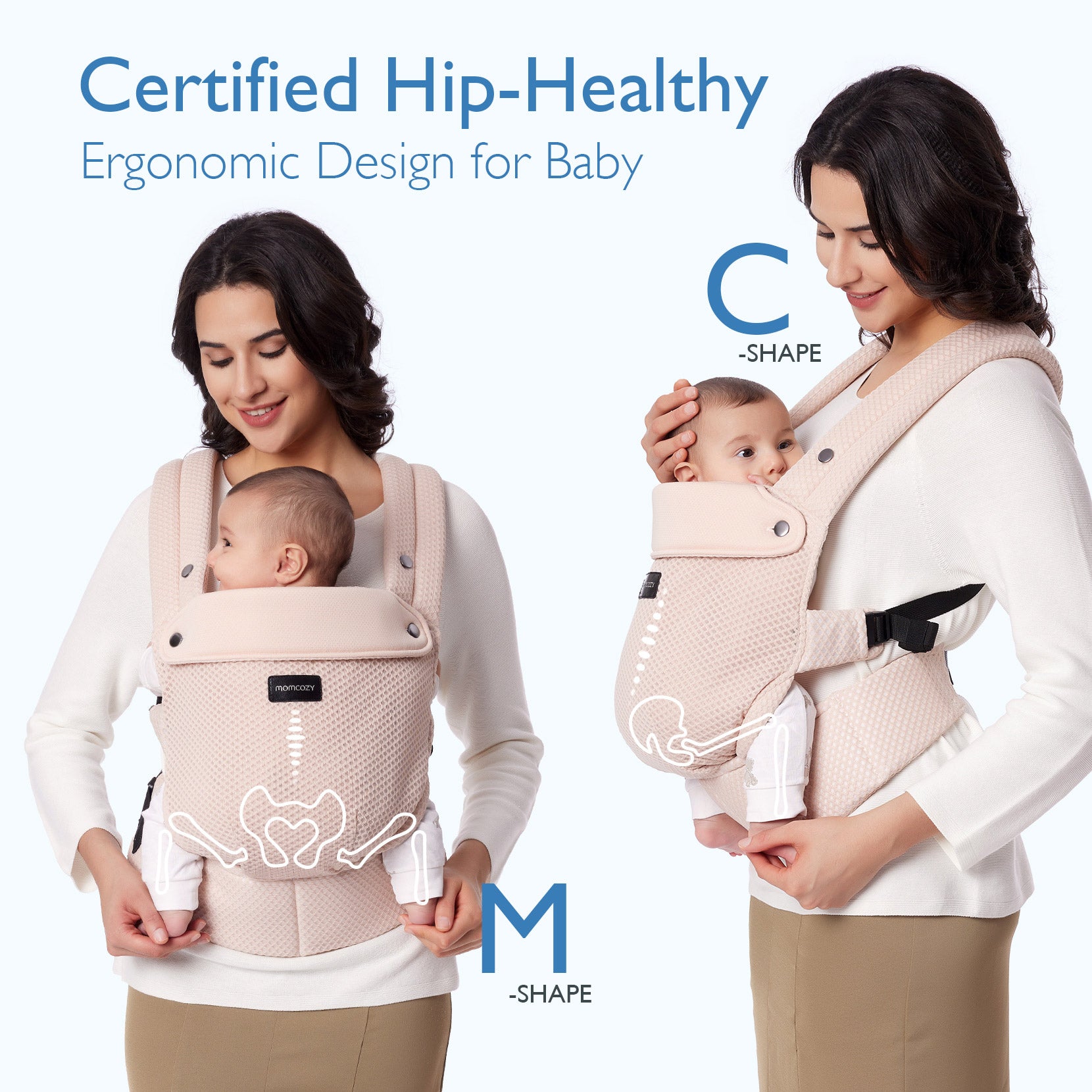Momcozy PureHug carrier, demonstrating M and C-shape for hip-healthy babywearing. Ergonomic design for babies.