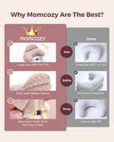 Pink patterned Momcozy multifunctional adjustable nursing pillow features: large size, safety fence, strap.