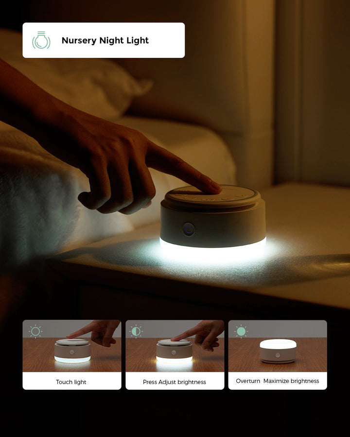 Hand activating a touch-sensitive nursery night light with adjustable brightness settings, featuring demonstrations of touch activation, brightness adjustment, and maximizing brightness.