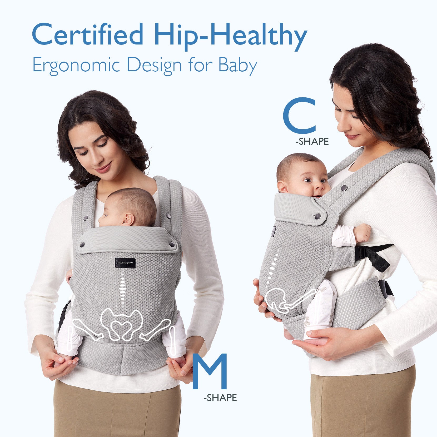 Momcozy PureHug baby carrier, gray, ergonomic design for hip-healthy babywearing, showcasing M and C shapes for baby comfort