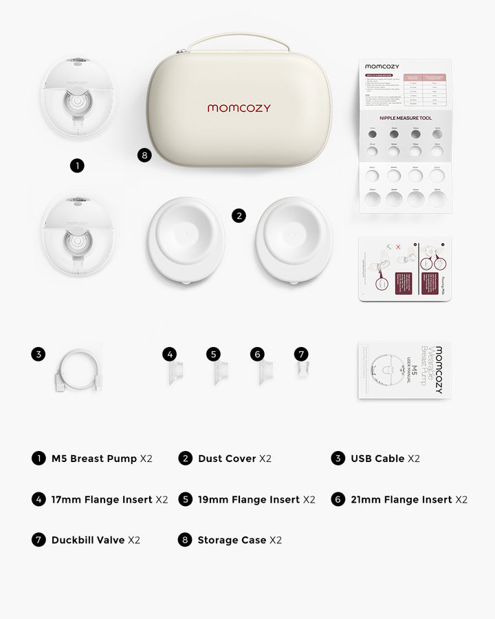Components of Momcozy All-in-one M5 Wearable Breast Pump, including pumps, dust covers, USB cables, various size flange inserts, duckbill valves, storage case, and instructions.