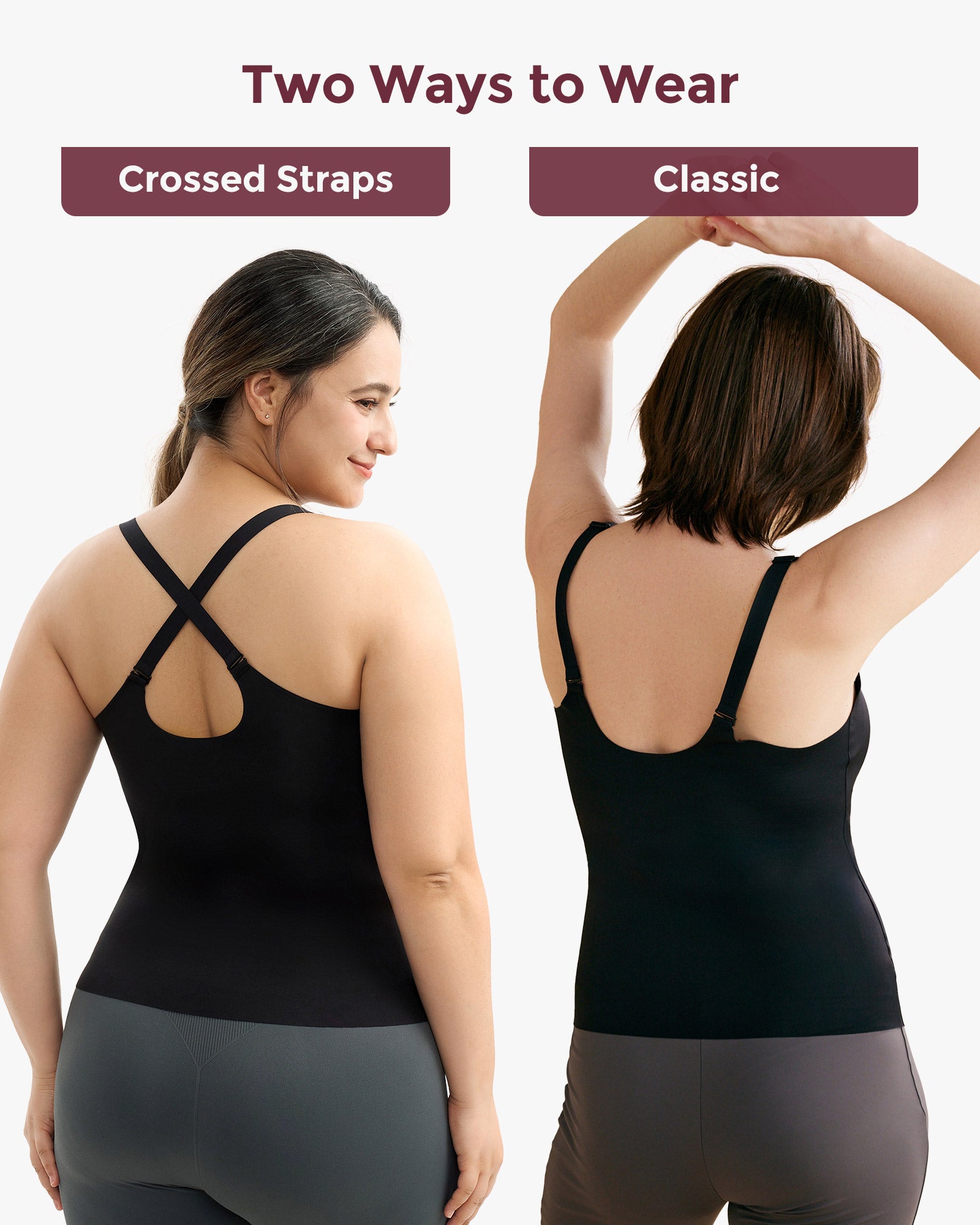 Black Maternity Nursing & Pumping Tank Top showcasing crossed and classic strap styles for versatility.