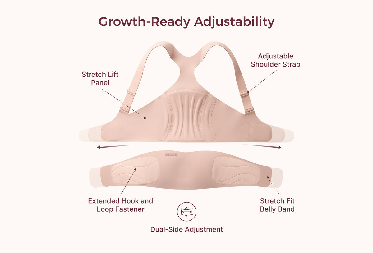 Oyster pink Momcozy maternity belly band with stretch panel, adjustable straps and dual-side fasteners.