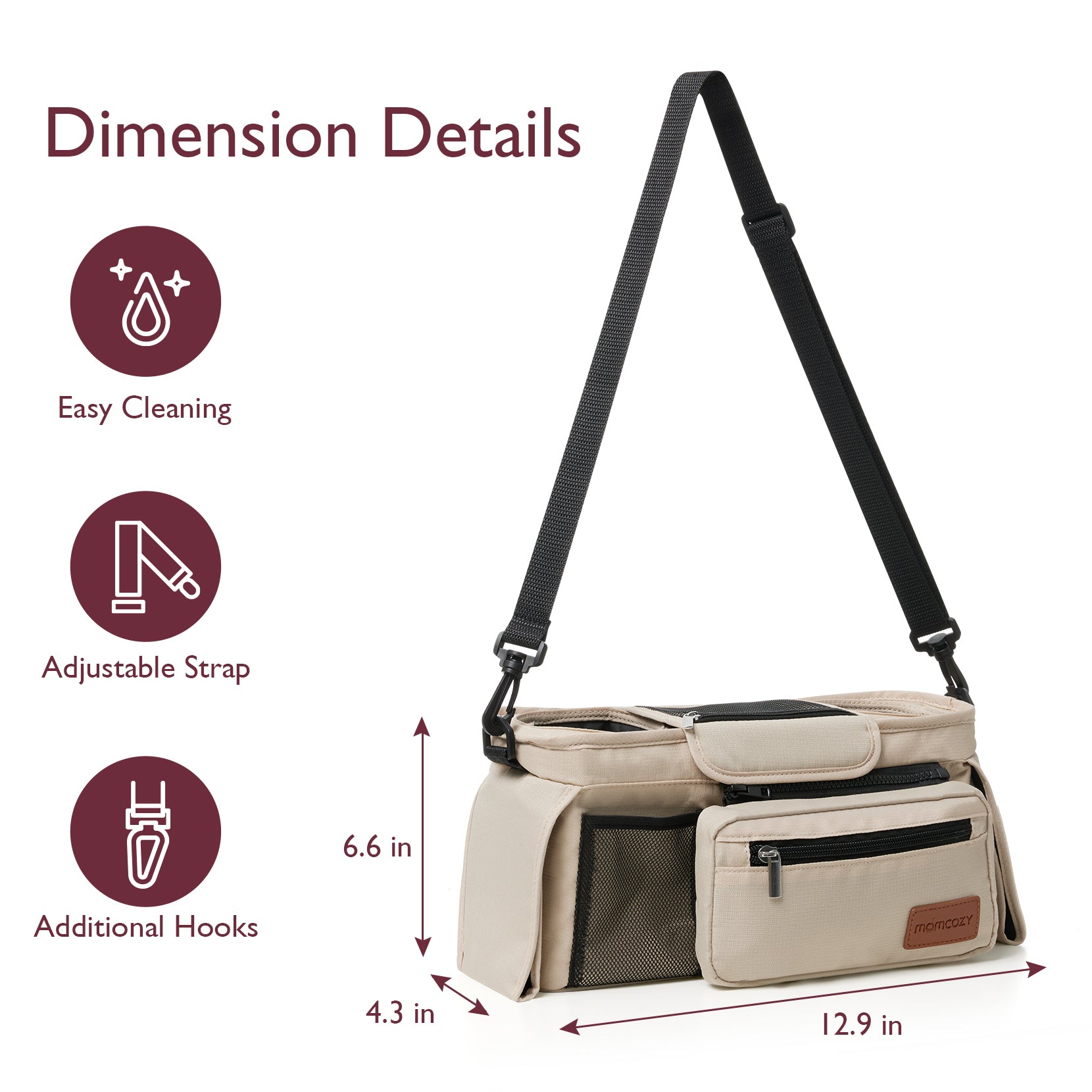Momcozy stroller organizer dimensions: beige with black accents, adjustable strap, easy cleaning, and additional hooks.