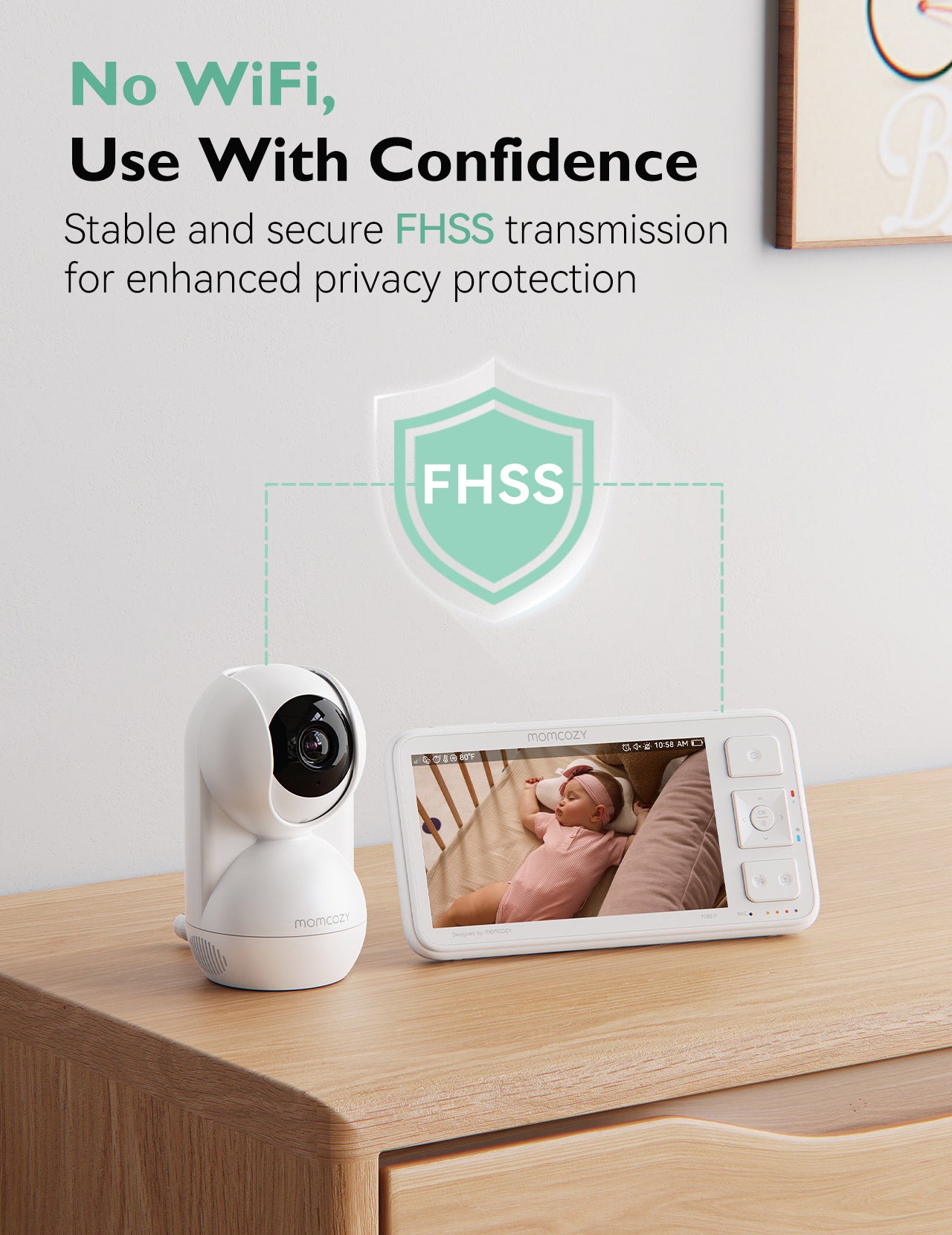 Momcozy BM03 baby monitor, ensuring baby's privacy with FHSS transmission, and crystal-clear 1080p Full HD baby monitoring.