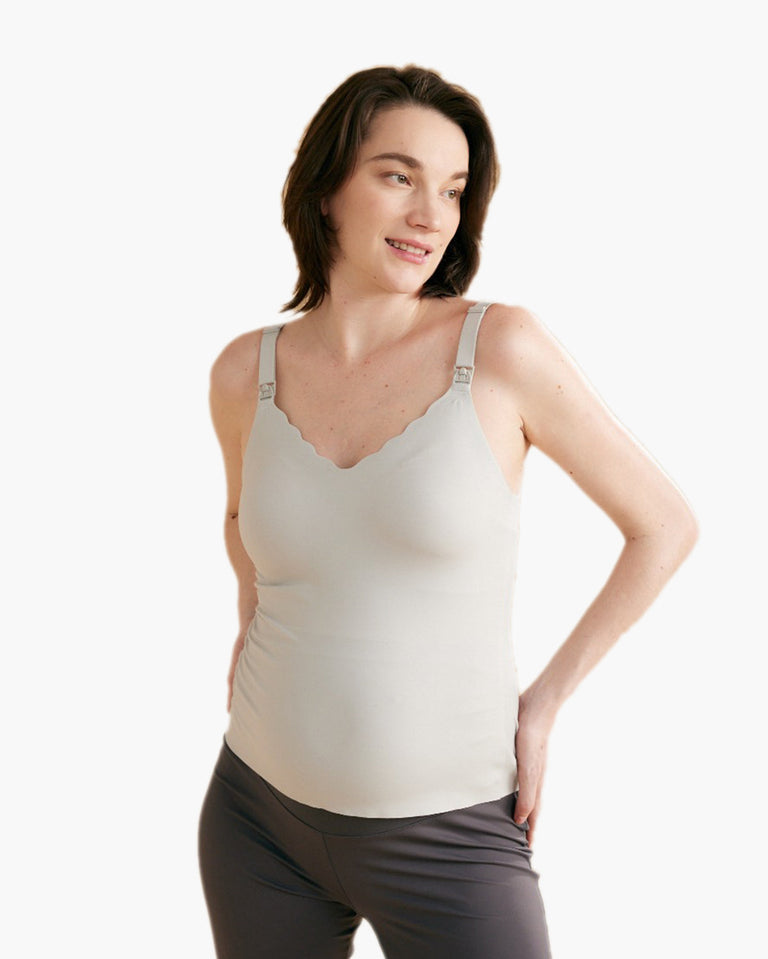 Translation missing: en.Grey Maternity Nursing &amp; Pumping Tank Top with scalloped edges and adjustable straps