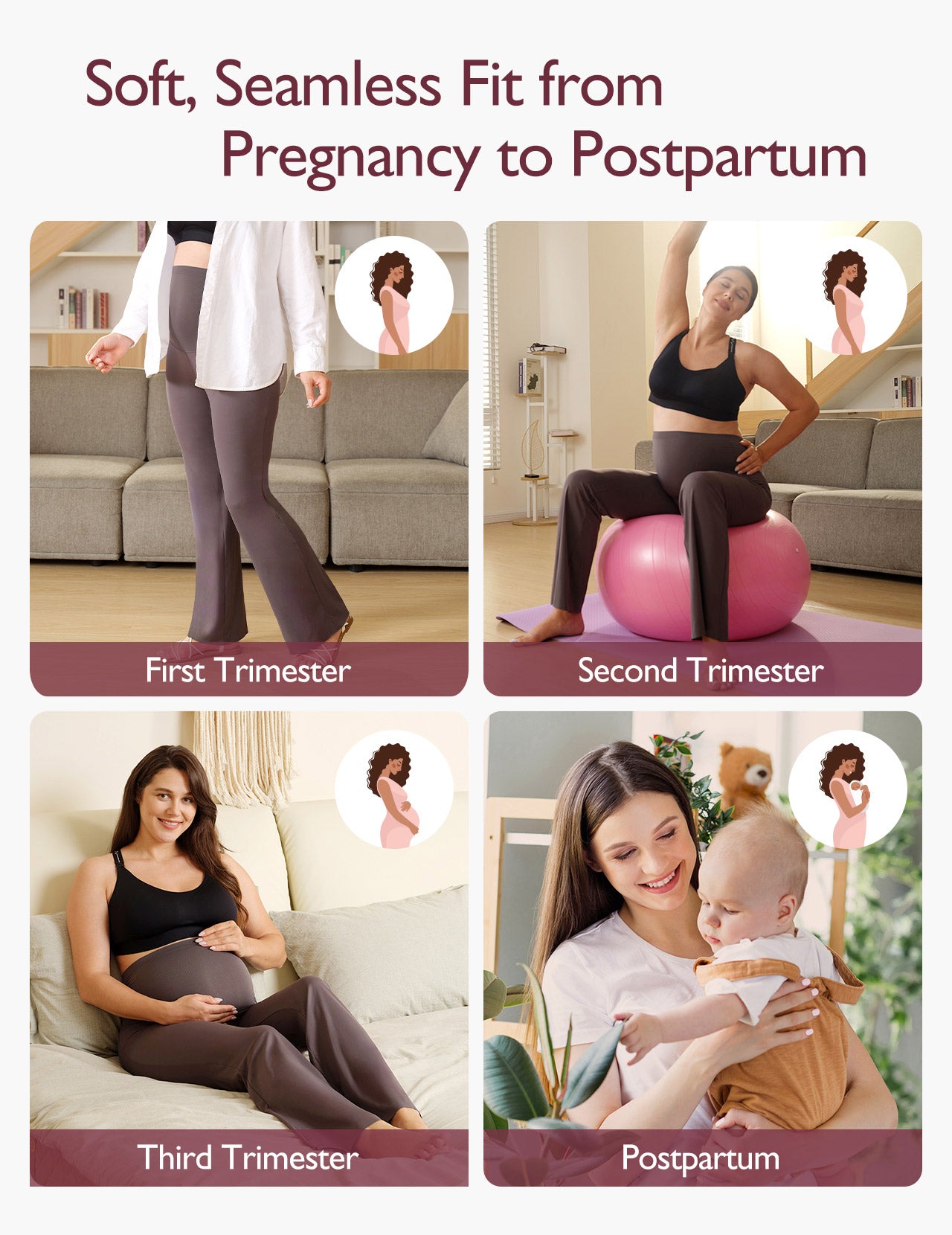 Collage of maternity workout flare leggings fit during pregnancy to postpartum stages.