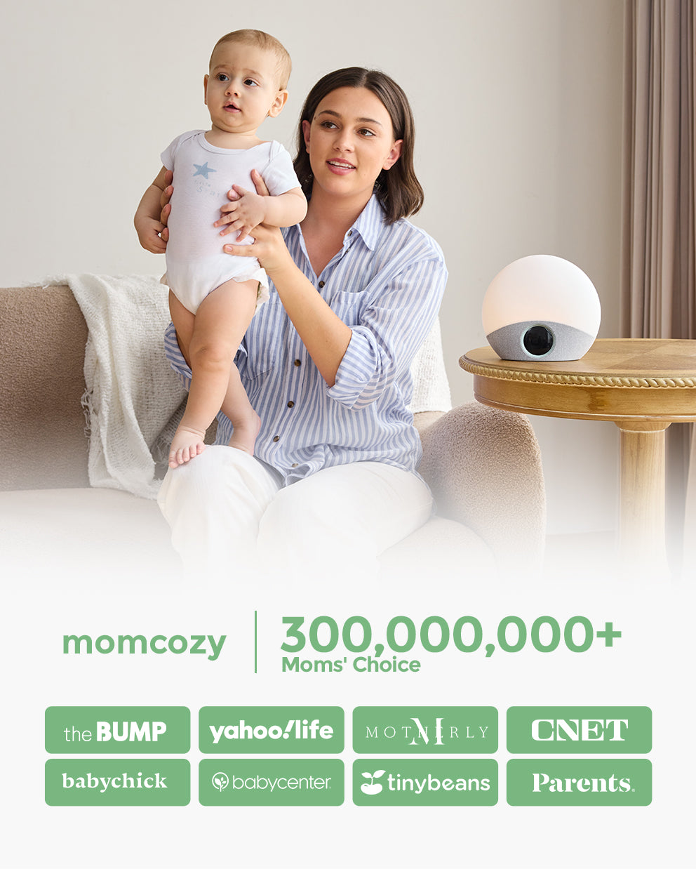 Momcozy Wake-up Light with a mother and baby. Featured on the Bump, Yahoo! Life, and Parents. 300 million moms' choice.