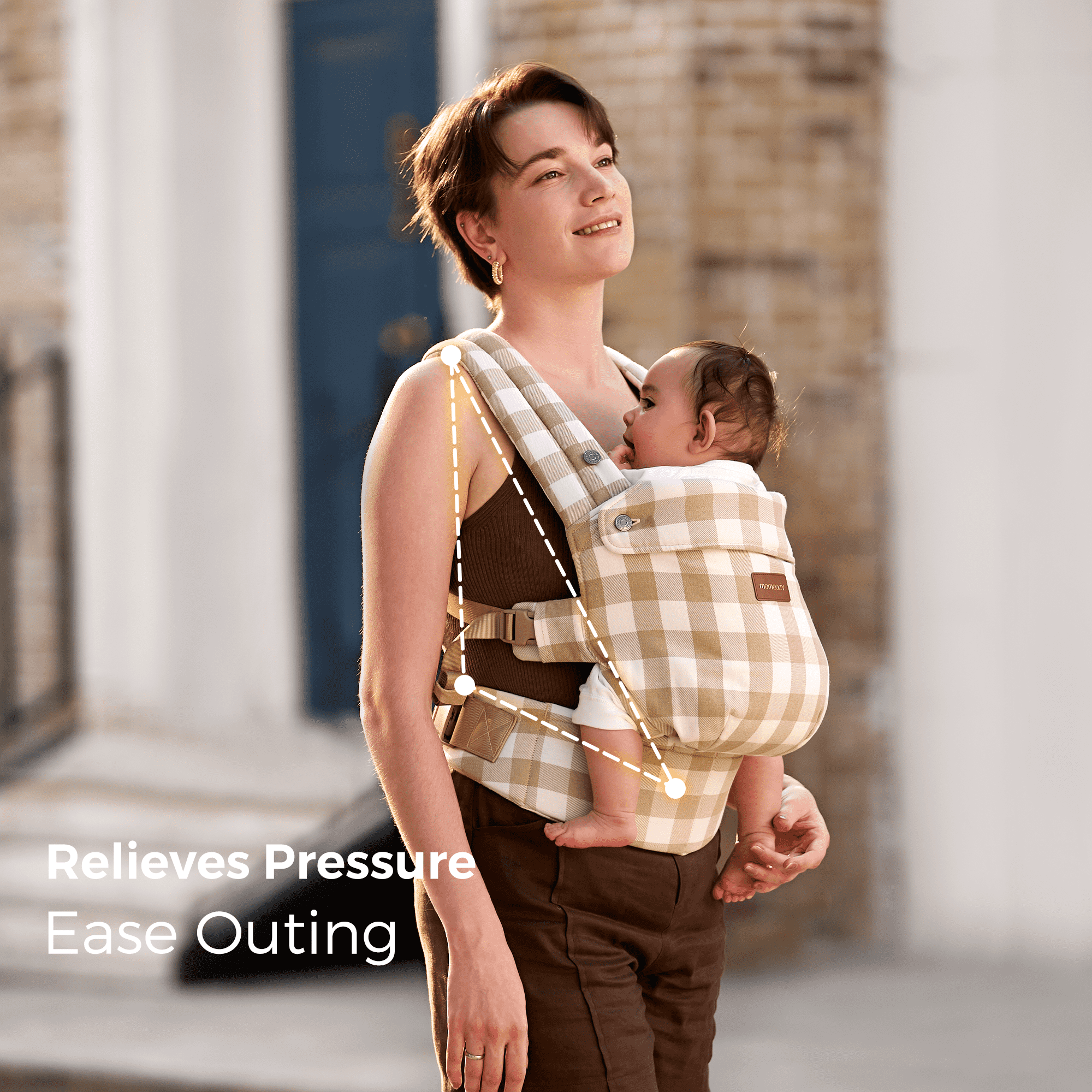 Momcozy PureHug baby carrier in beige gingham, mother babywearing, relieving pressure and easing outings.
