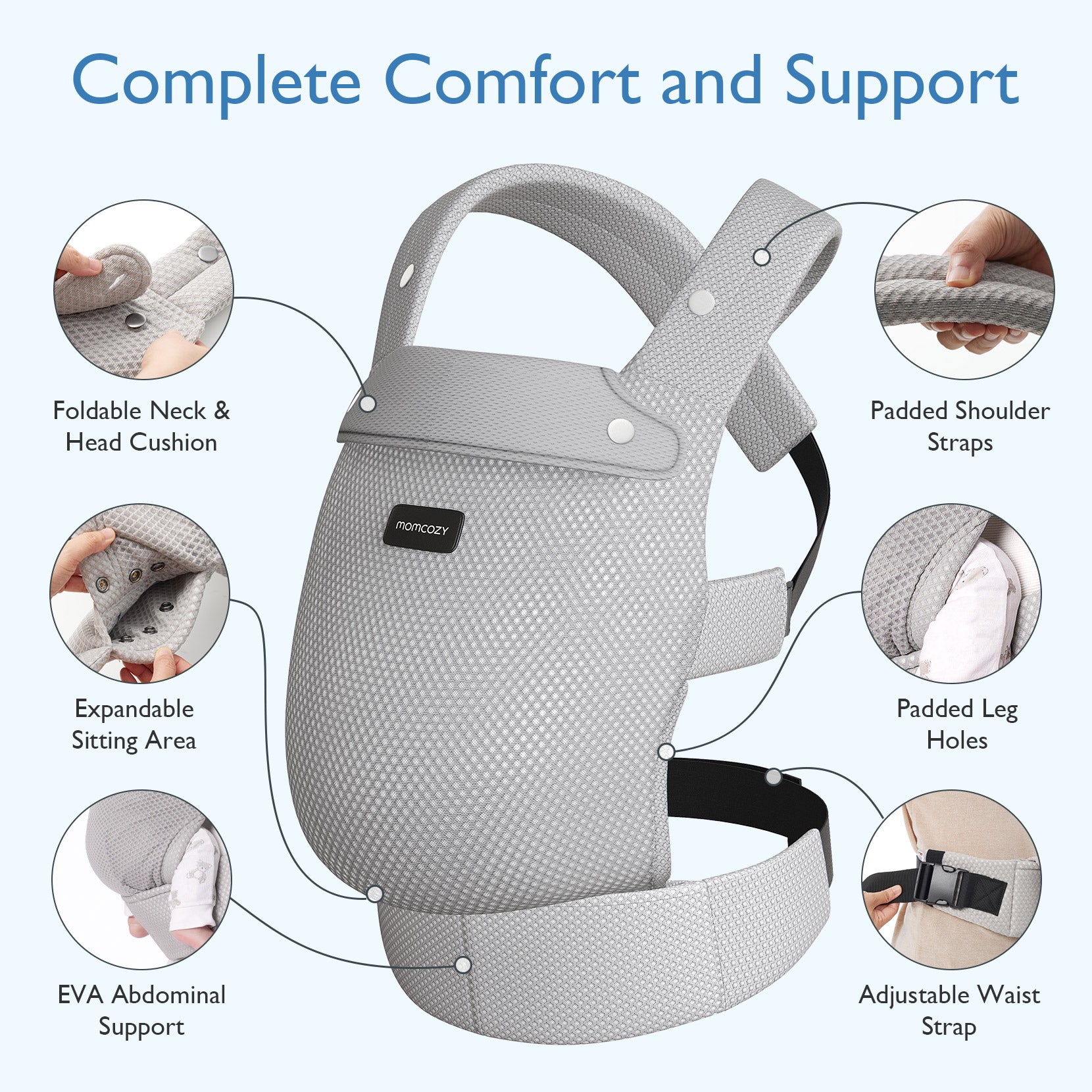 Grey Momcozy PureHug baby carrier: foldable neck, adjustable straps, and ergonomic design for babywearing.