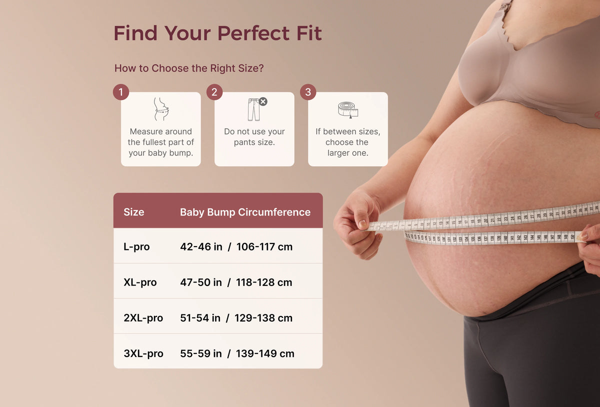 Momcozy maternity belly band size guide with bump measurement steps and sizes L Pro through 3XL Pro.
