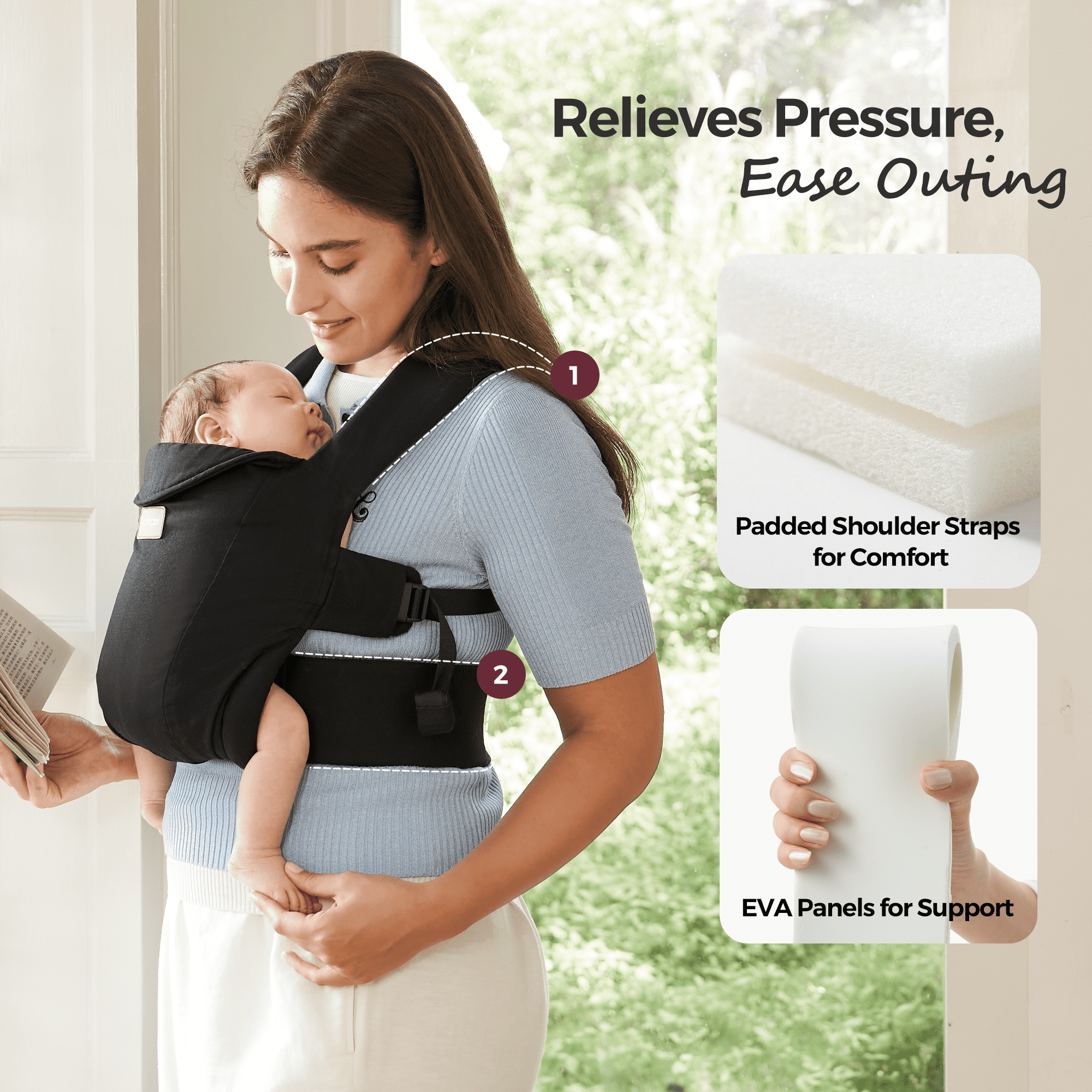 Momcozy WeeSnug newborn carrier, black carrier, baby comfort, padded straps, support, easy outings, newborn