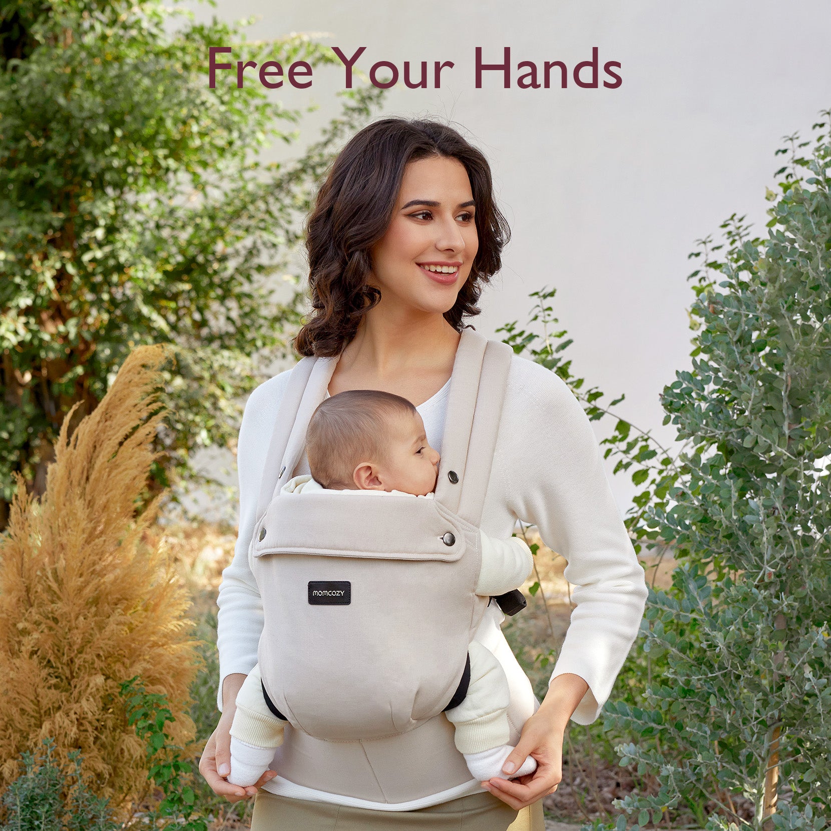 Momcozy PureHug baby carrier in beige, babywearing design, Free Your Hands.