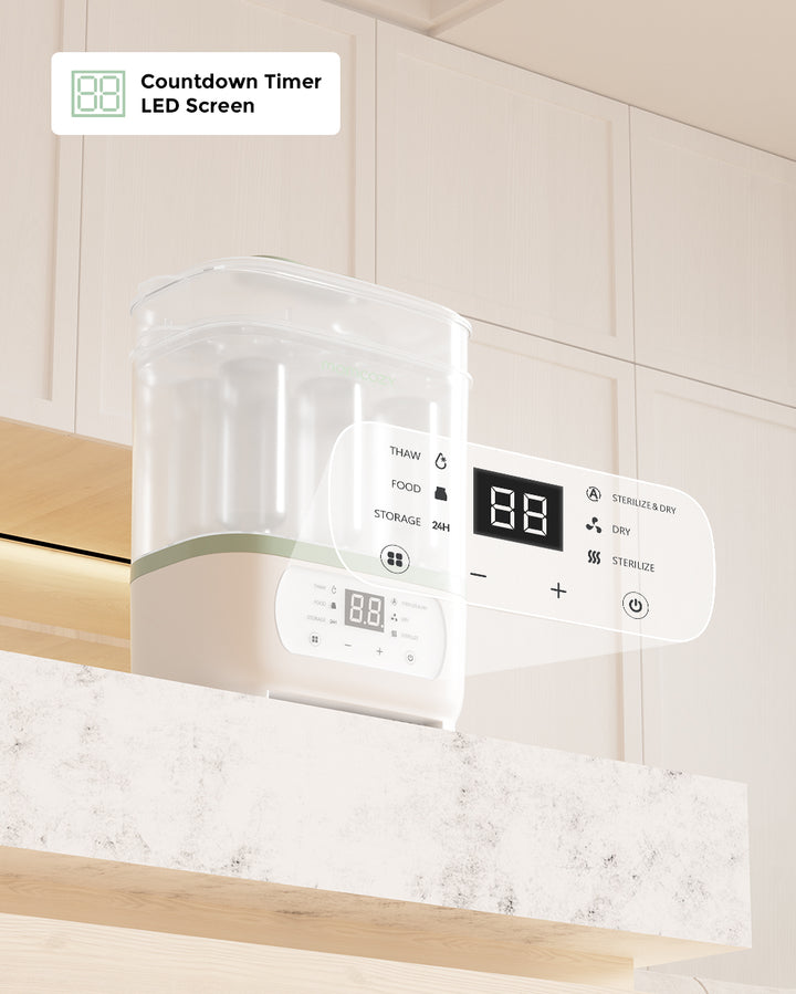 Momcozy 8-in-1 Multi-Function Bottle Sterilizer and Dryer on kitchen countertop showcasing LED countdown timer screen and various function buttons including sterilize and storage.