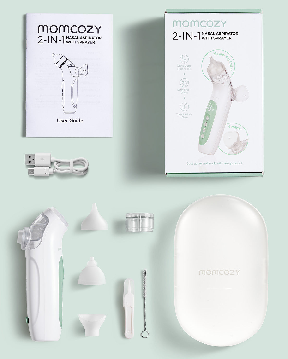 Aspirateur nasal Momcozy BreezyClear avec ses accessoires et son étui de rangement
