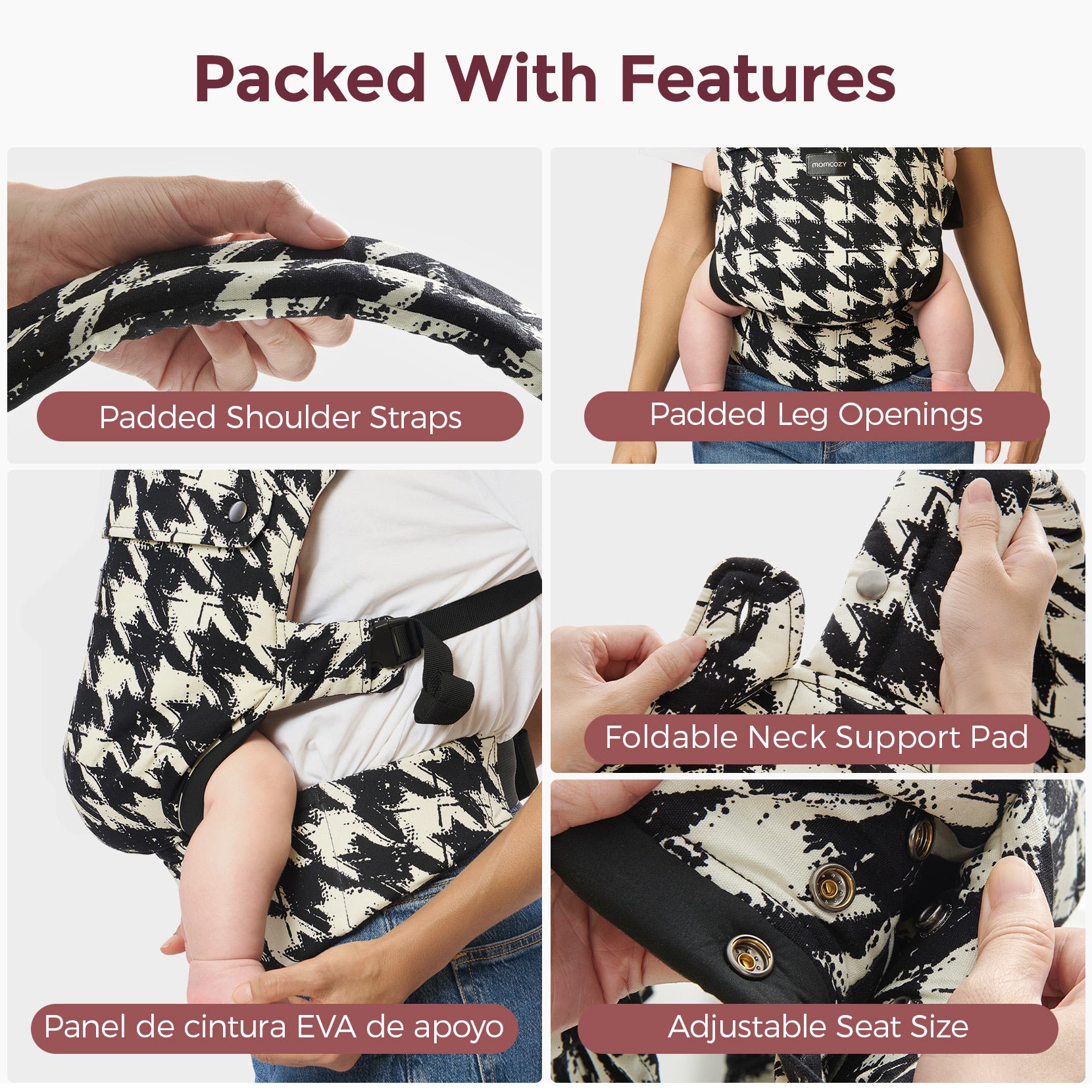 Momcozy PureHug baby carrier: Padded shoulder straps, adjustable seat, and neck support. Stylish houndstooth pattern for comfortable babywearing.