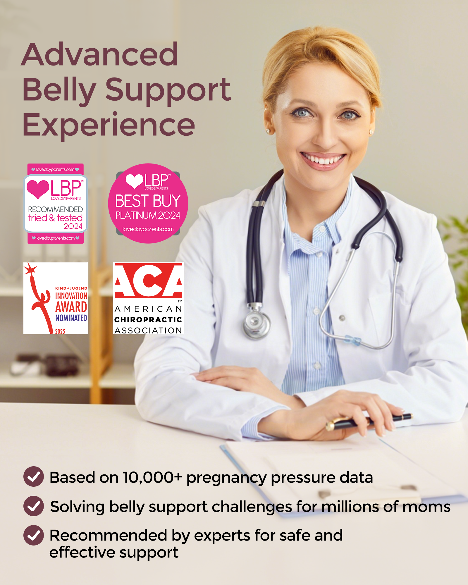 Doctor endorses Momcozy BumpEase maternity band with 'Best Buy Platinum' & 'Recommended' awards for advanced belly support.