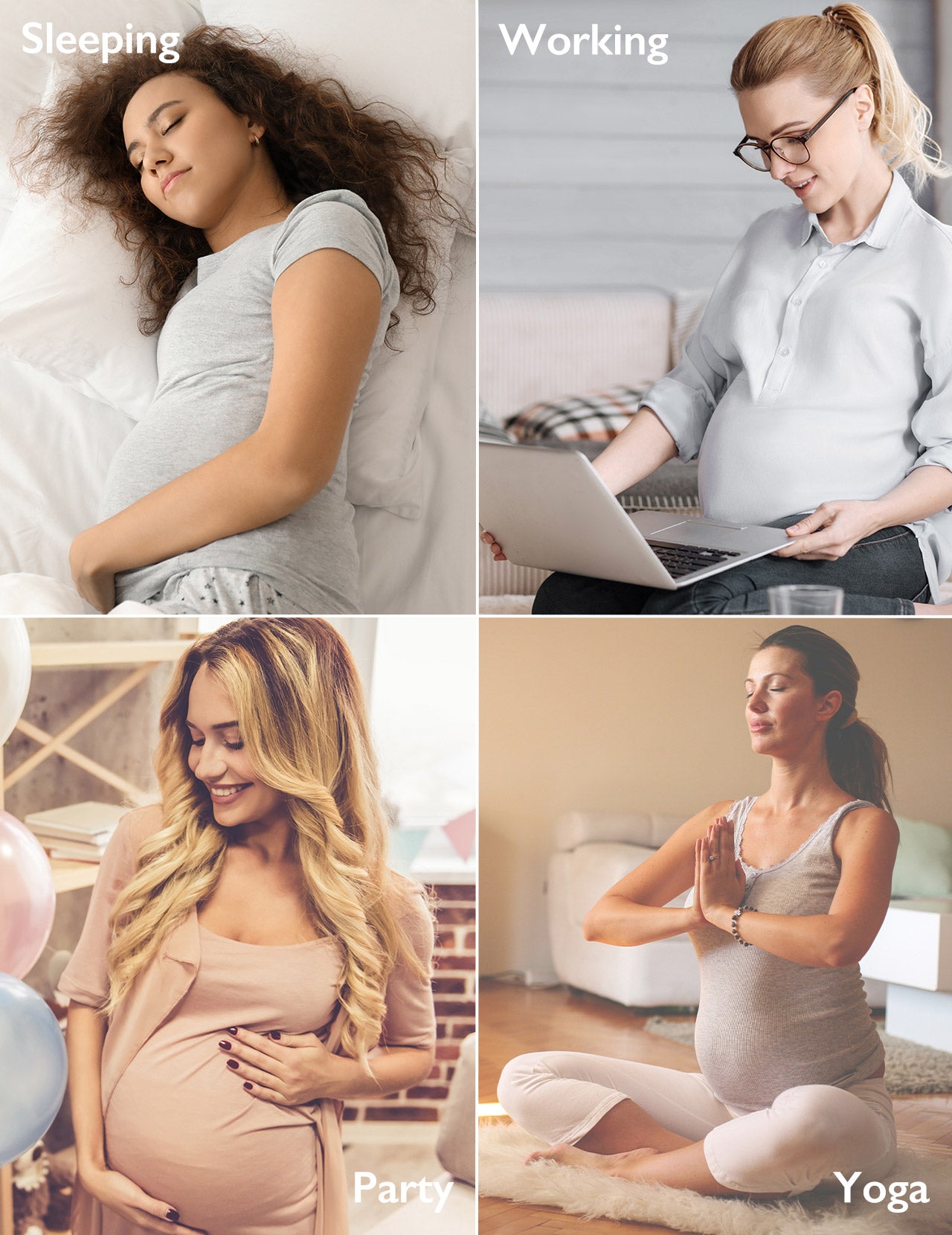 Pregnant women engaged in sleeping, working, party, and yoga activities showcasing versatility.