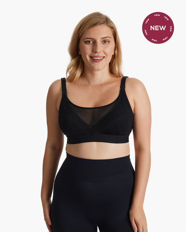 Woman wearing a black ultra-soft and cool breeze pumping and nursing bra HF018 by Momcozy, showcasing adjustable straps and comfortable design. New product badge displayed on top-right corner.