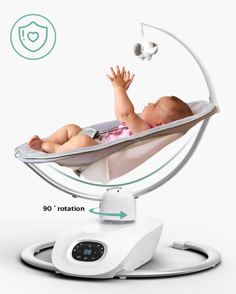 Momcozy CocoSway Electric Baby Swing with adjustable 90-degree rotation for baby comfort.