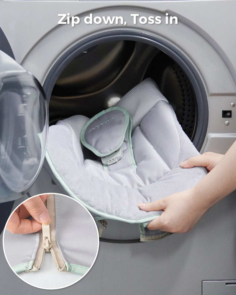 Unzip Momcozy CocoSway 3D-Motion Electric Baby Swing seat and machine wash for easy cleaning.