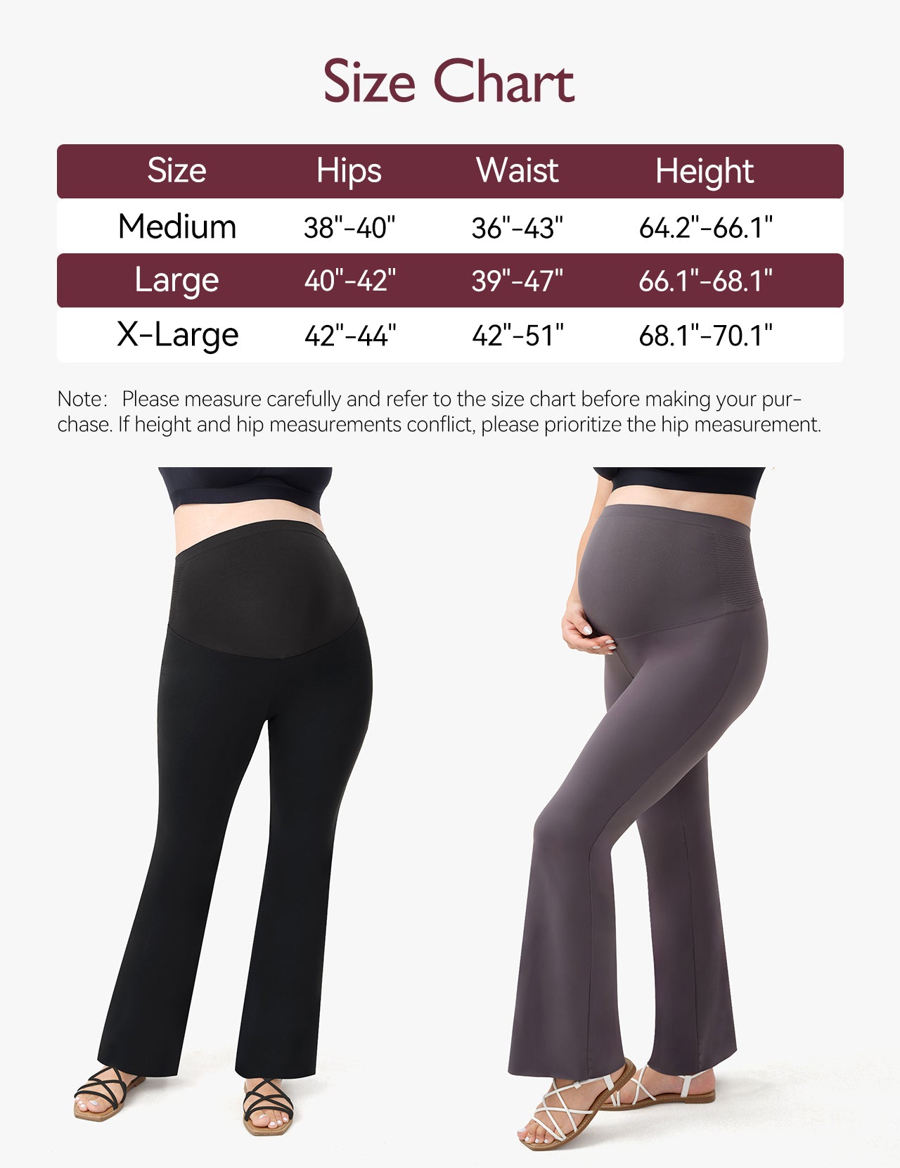 Size chart for maternity flare leggings with measurements for medium, large, and x-large.