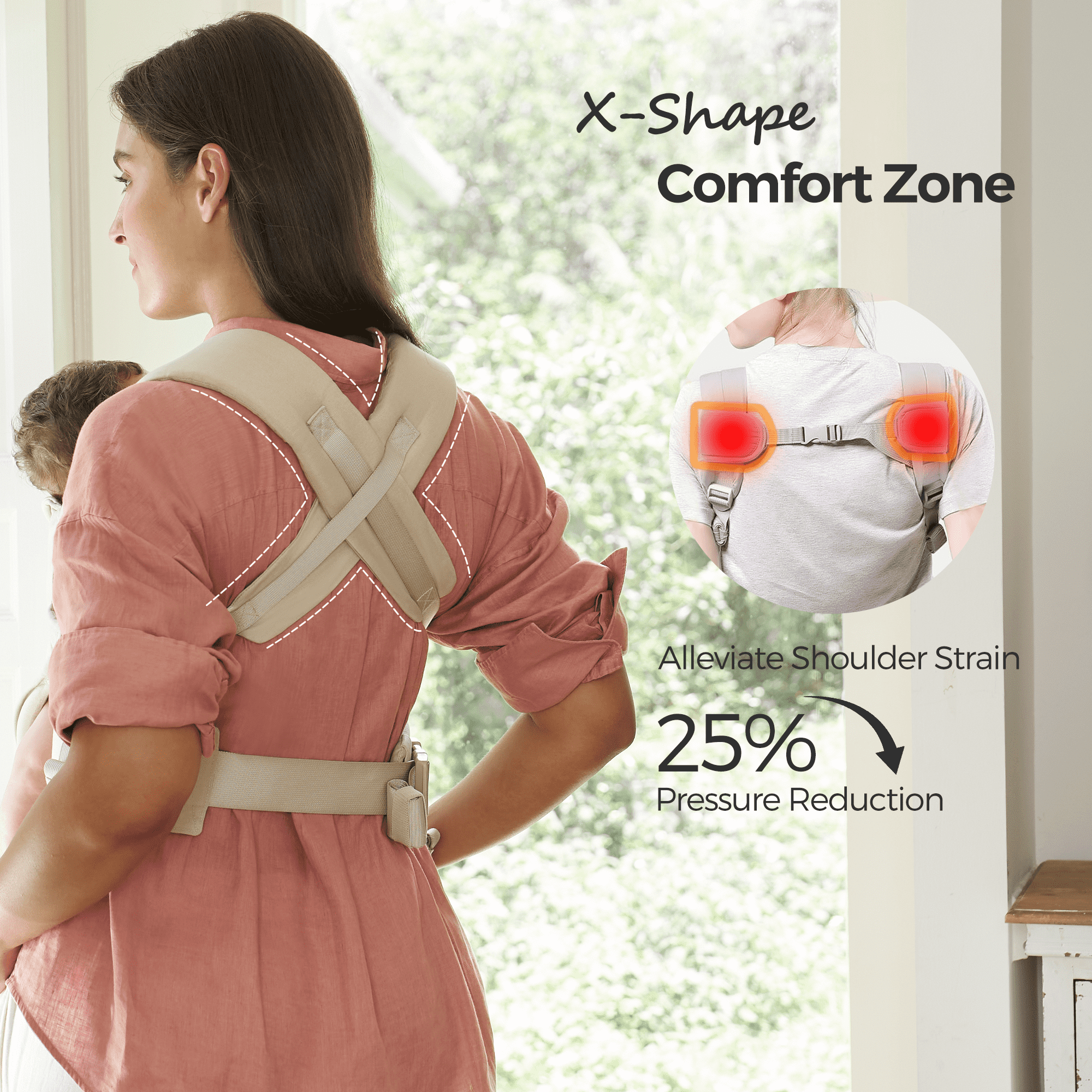Momcozy WeeSnug carrier, X-Shape design for comfort, alleviating shoulder strain, and promoting ergonomic baby support.