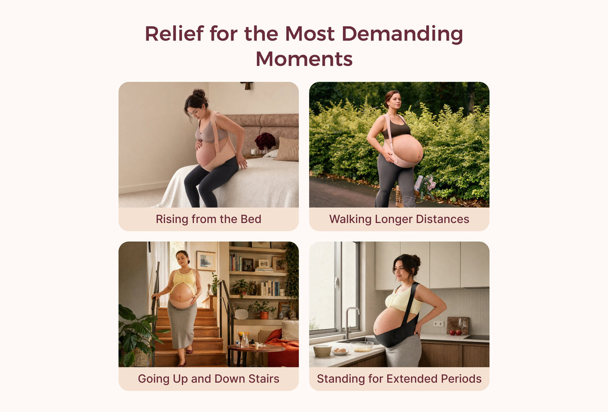 Pregnant woman using the Momcozy belly band for getting out of bed, walking, climbing stairs and standing.