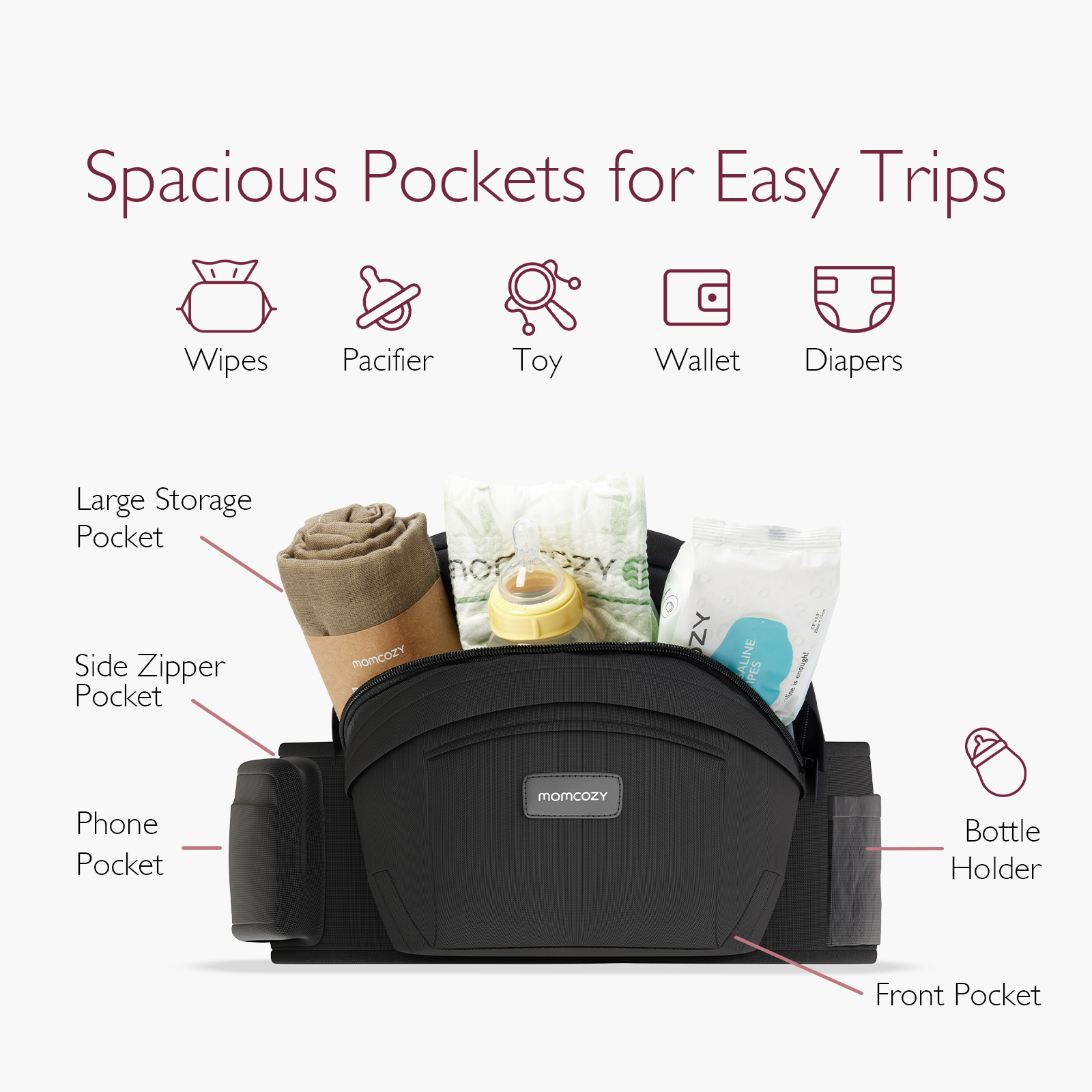 Momcozy Wander360 Hip Seat Carrier with multiple pockets for baby essentials, including storage for wipes, pacifier and toy.