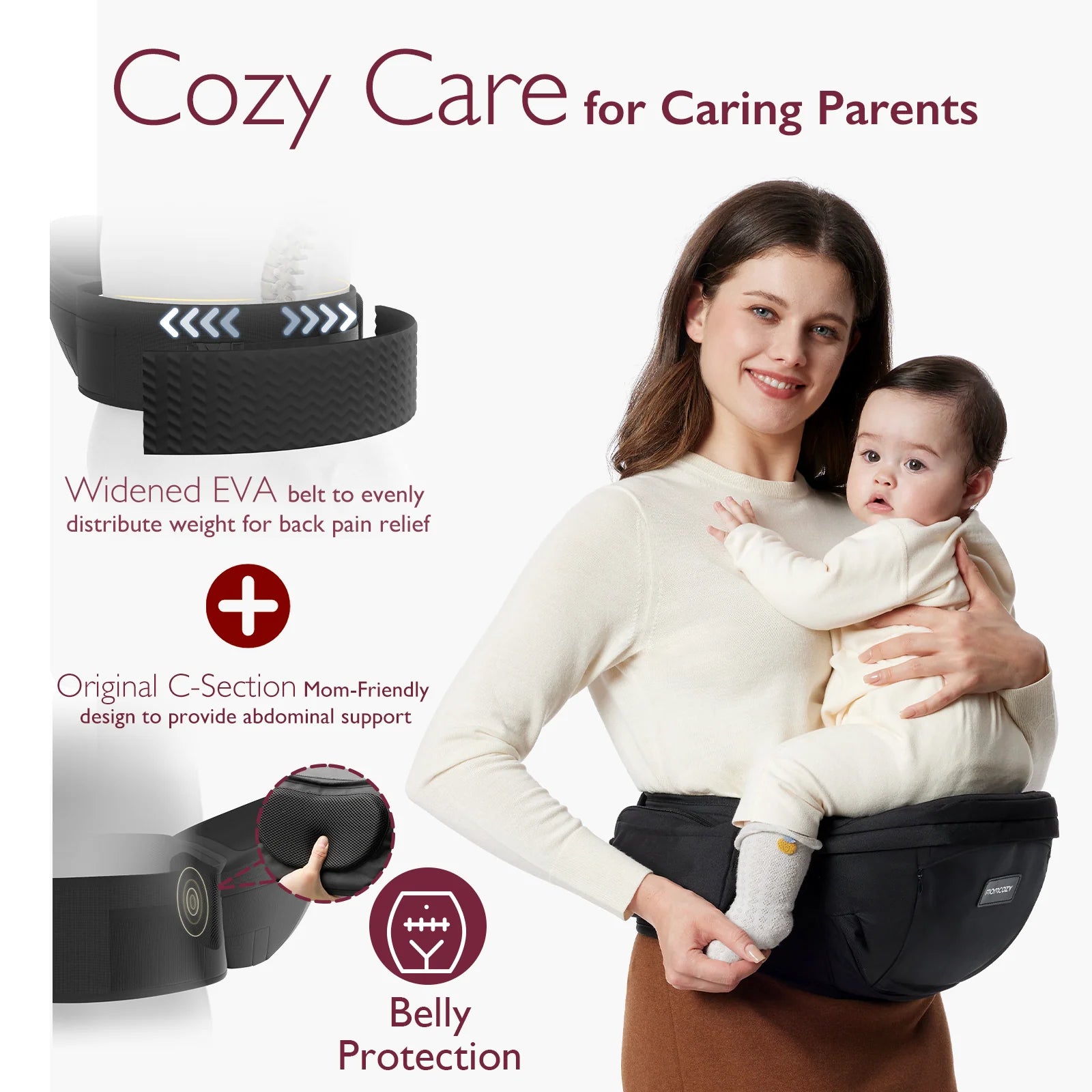summer infant tummy comfort positioning seat Momcozy Baby Hip Seat Carrier: 3D Belly Protector & EVA Massage Board Black / L
