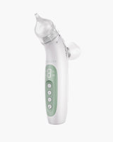 Momcozy BreezyClear electric nasal aspirator with digital display and control buttons in white and green.