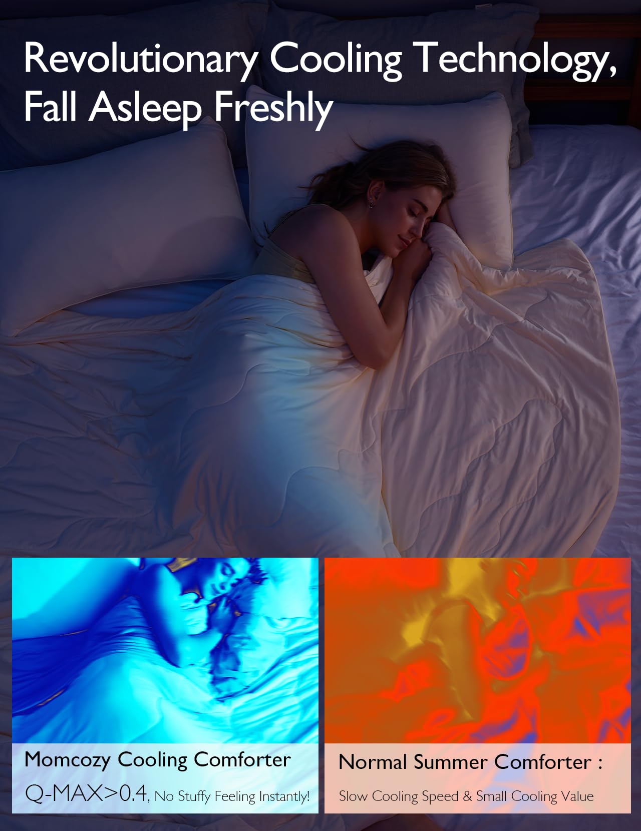 Momcozy cooling comforter promoting revolutionary cooling technology for better sleep.