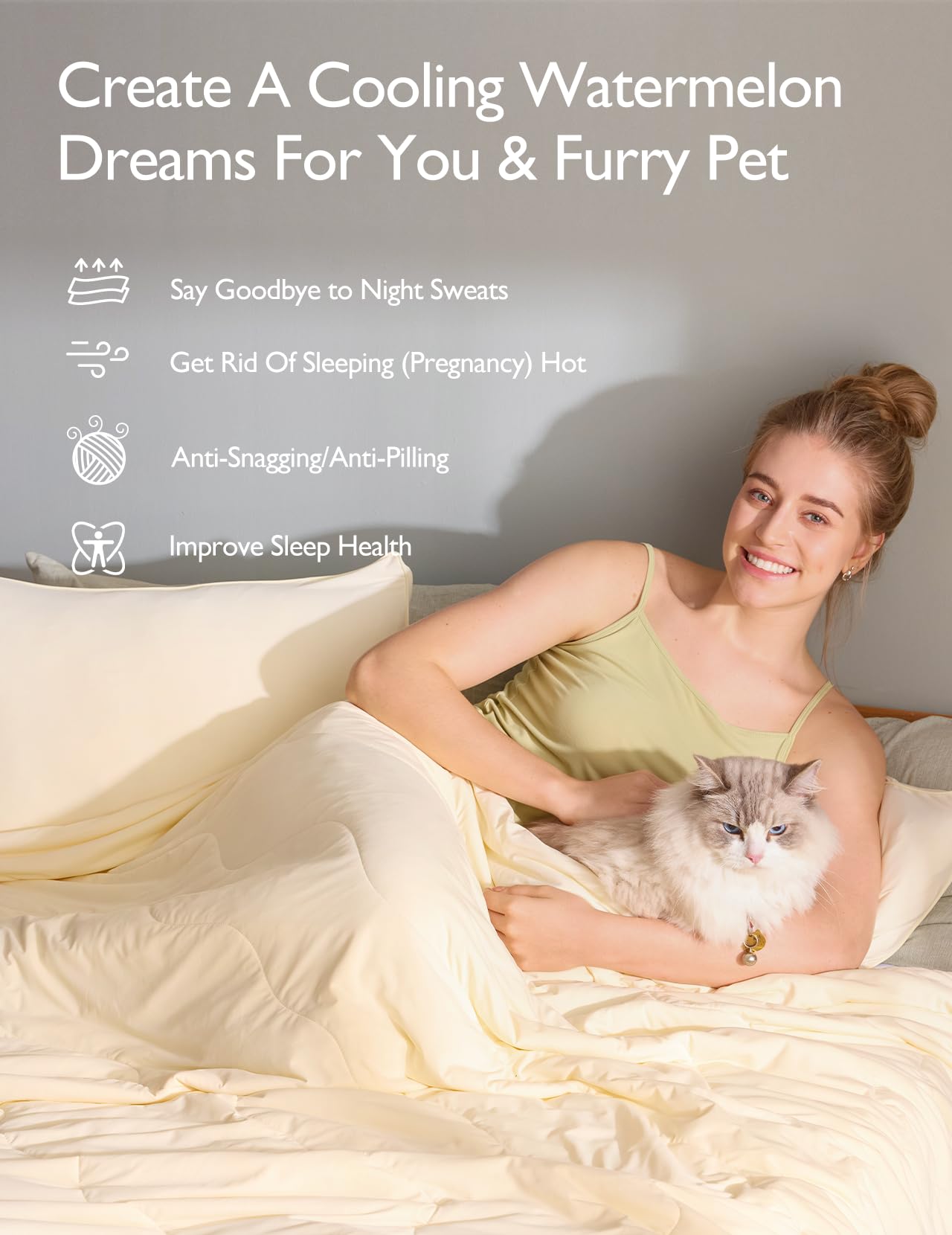 Woman relaxing with a cat on a cooling comforter, promoting better sleep and comfort.