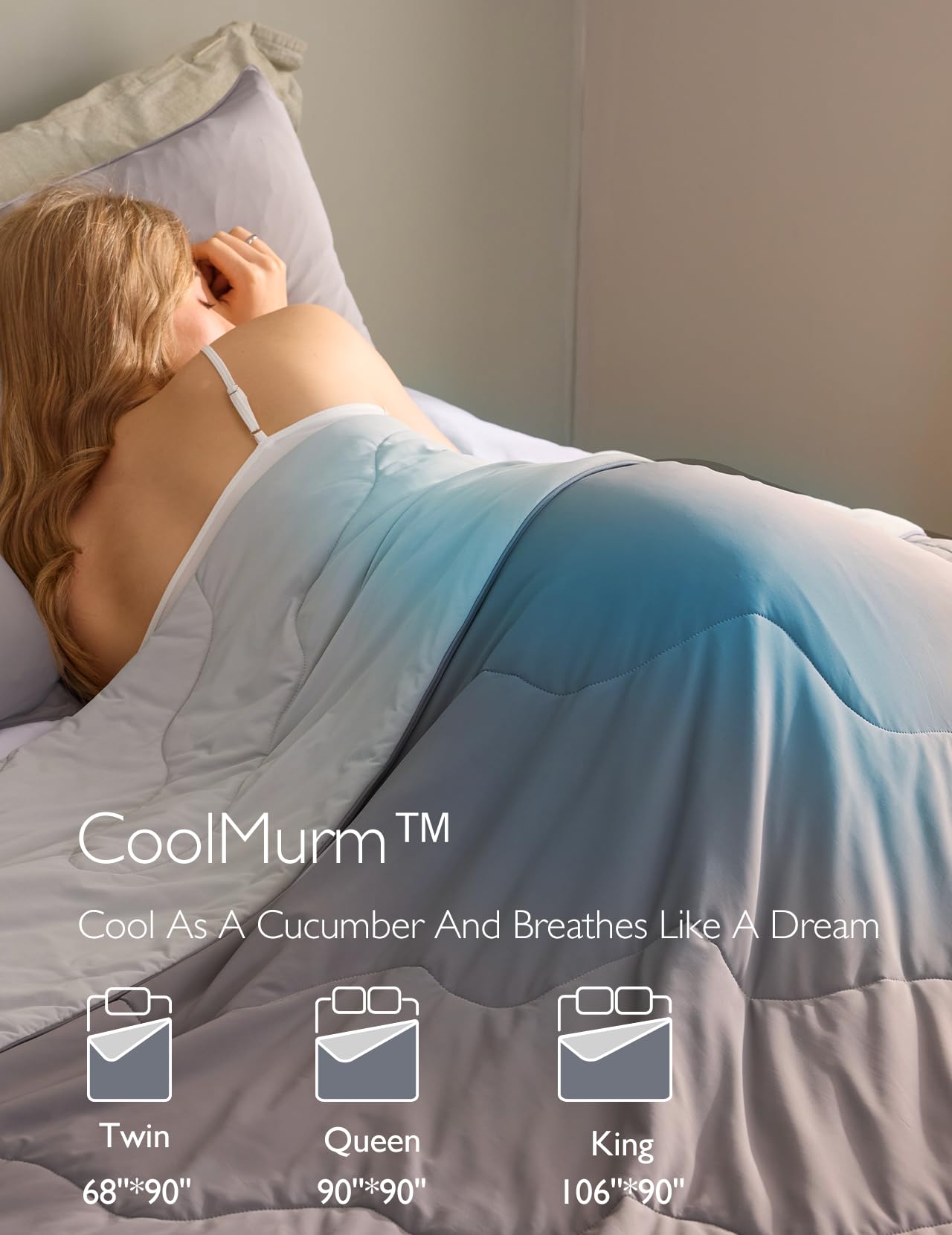 Momcozy CoolMurM™ cooling comforter on bed with woman relaxing, showcasing breathable fabric.