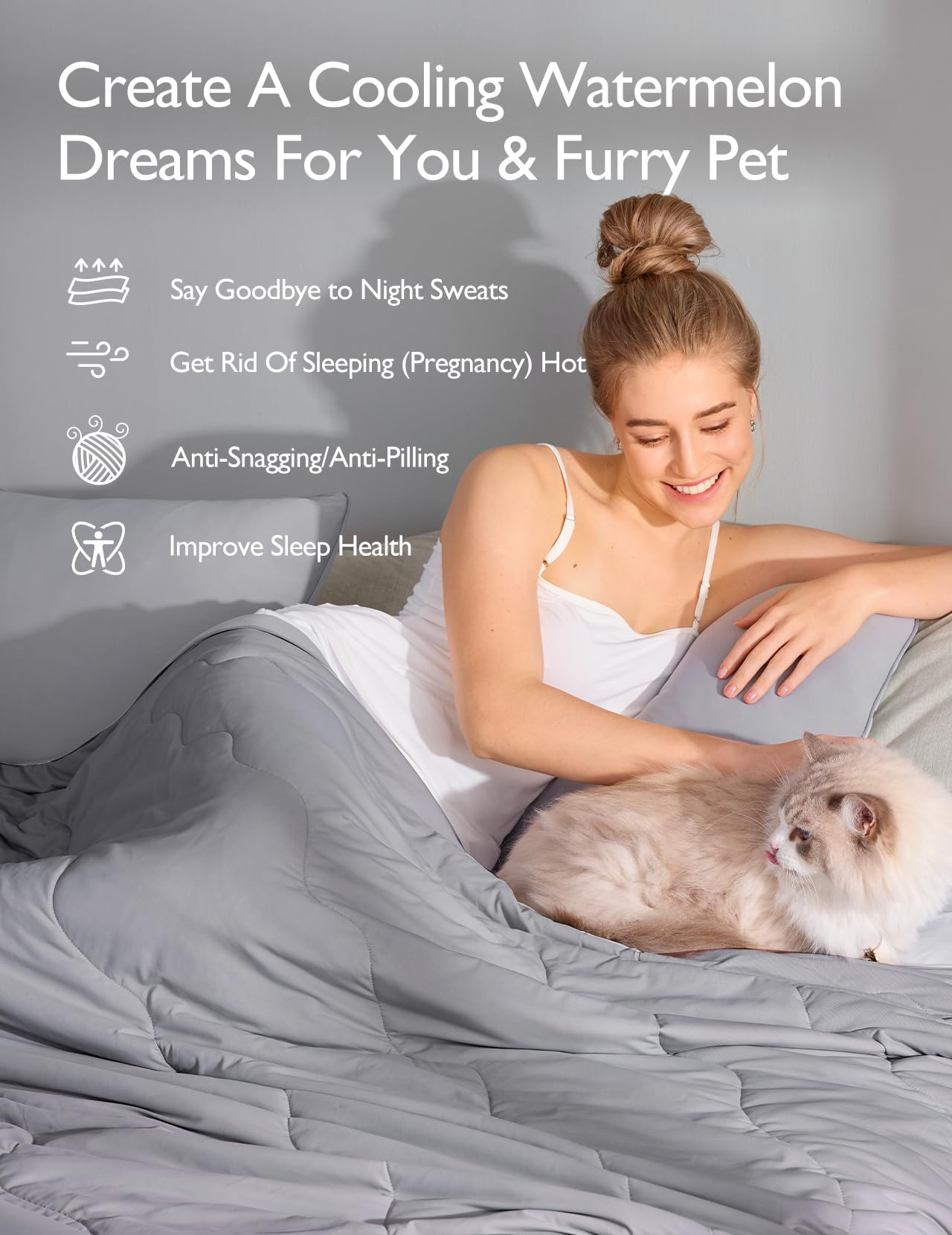 Woman in white sleepwear with cat, promoting Momcozy's cooling comforter benefits.
