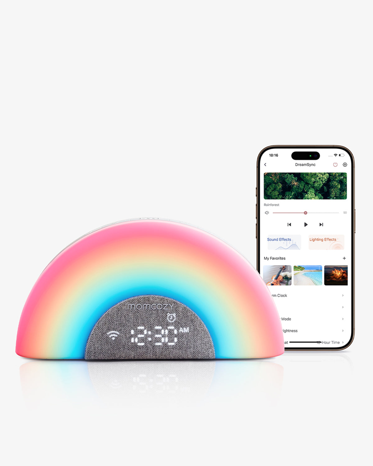  DreamSync™ Machine à sons portable Momcozy pour bébé – Bruit blanc, berceuses & lumière arc-en-ciel avec contrôle App