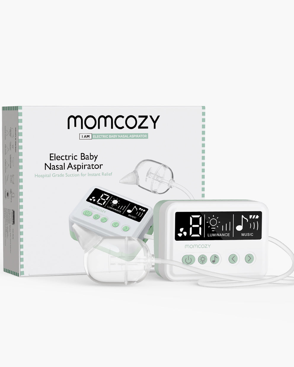 Momcozy Electric Baby Nasal Aspirator with digital display, featuring luminance and music options for infant relief.