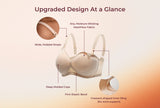 Labelled diagram of the AirMesh Busty Nursing Bra showing MeshFlow fabric, padded straps, molded cups and inner sling