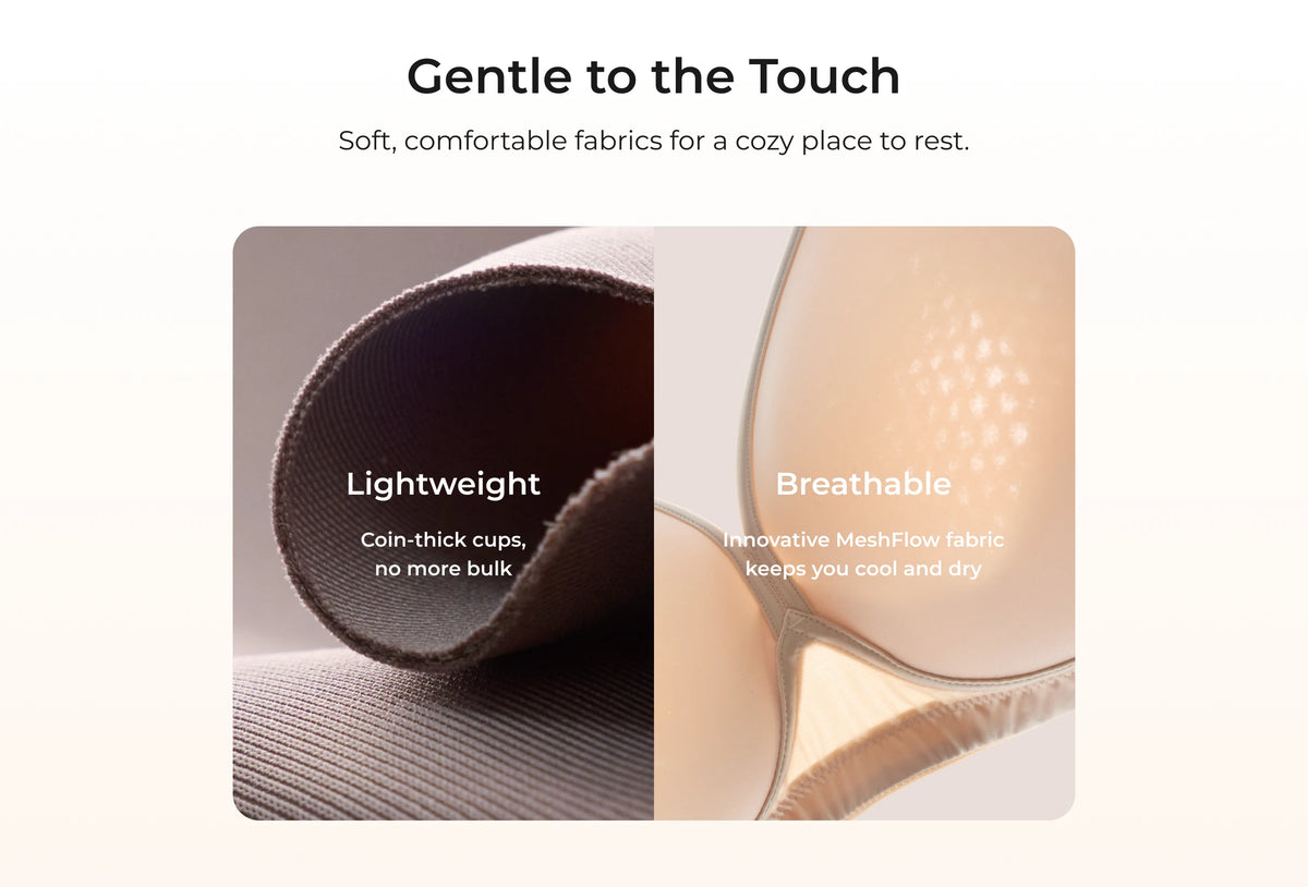 Close-up of the bra's thin coin-thick cup padding and breathable MeshFlow fabric