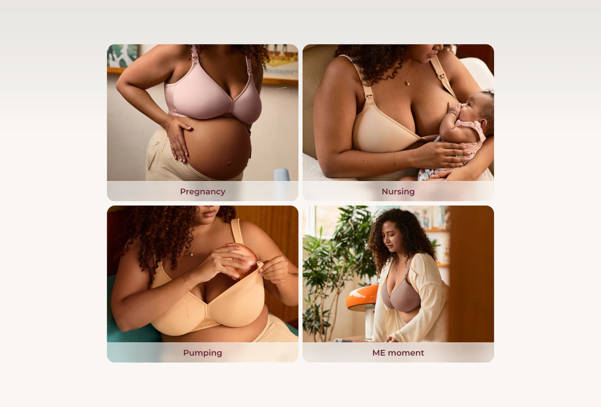 Four-part lifestyle grid showing the bra worn during pregnancy, nursing, pumping and me-time