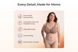 Close-up details: one-hand nursing clasp, wearable-pump fit, adjustable straps and fixed padding