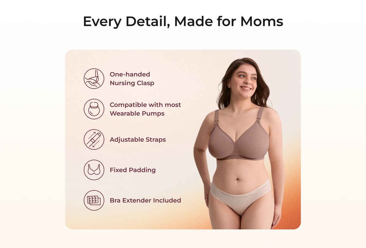 Close-up details: one-hand nursing clasp, wearable-pump fit, adjustable straps and fixed padding