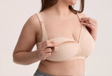 On-model close-up of the Momcozy AirMesh Busty Nursing Bra in Champagne Nude