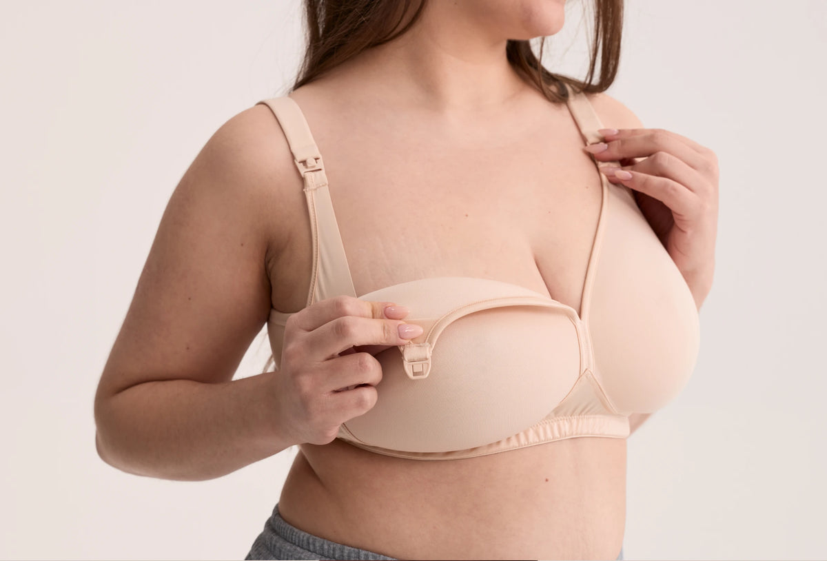 On-model close-up of the Momcozy AirMesh Busty Nursing Bra in Champagne Nude