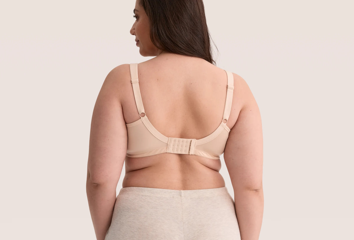 Model wearing the AirMesh Busty Nursing Bra, close-up of the molded cup and smooth edge