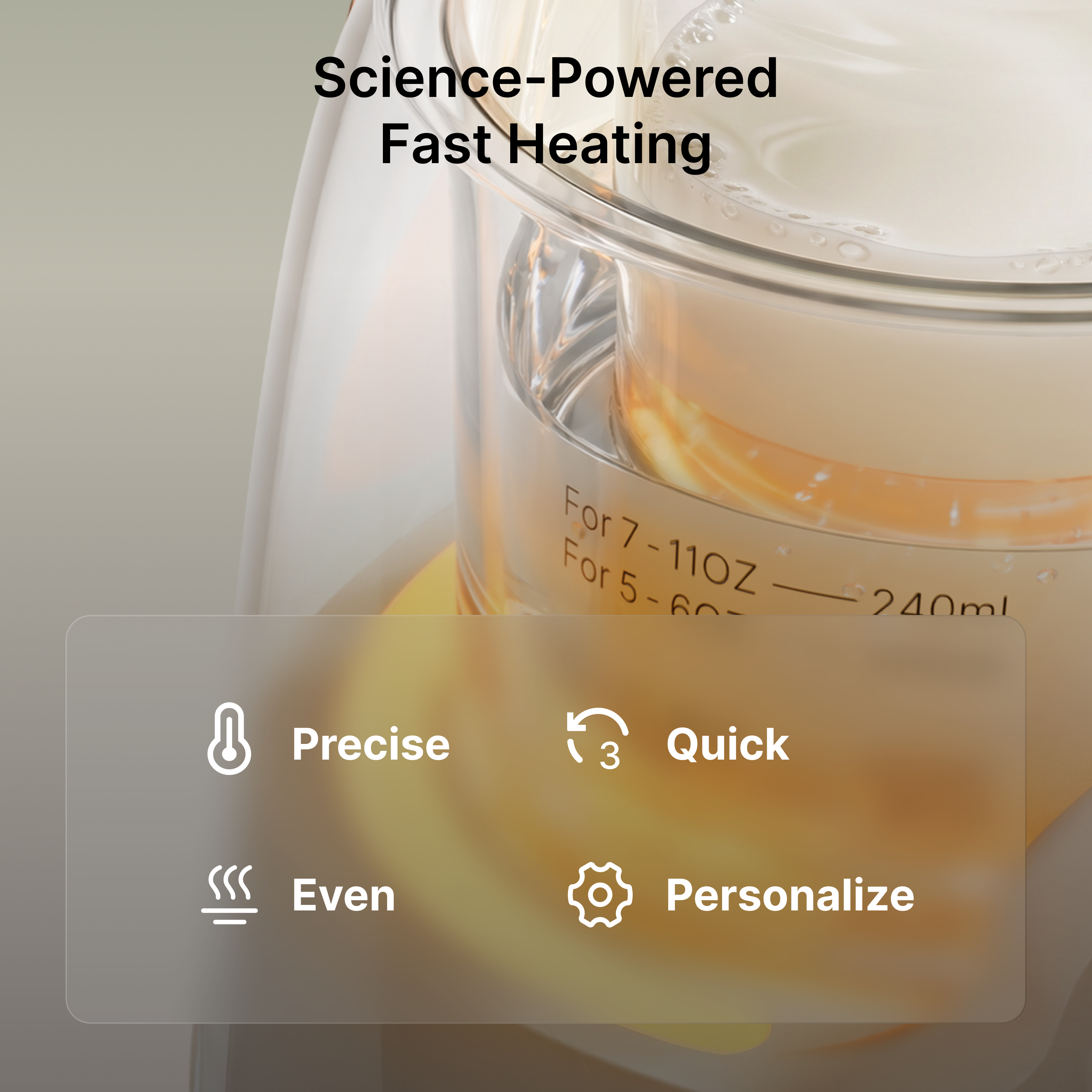 Momcozy NightPro bottle warmer infographic with nightlight, fast heating, BPA-free Tritan, and wide bottle fit