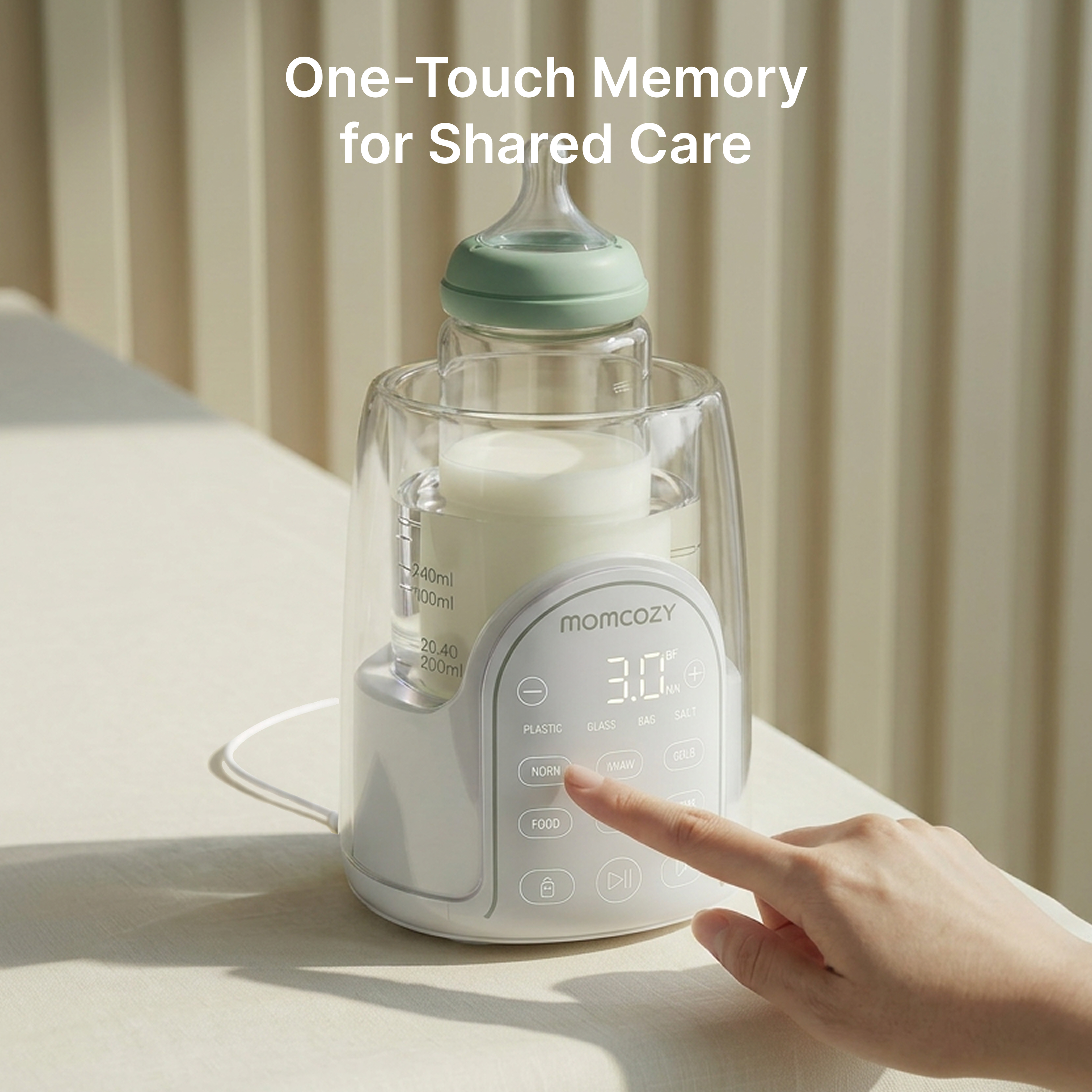 Momcozy NightPro Baby Bottle Warmer graphic for night feeding with fast warming, nightlight, BPA-free Tritan